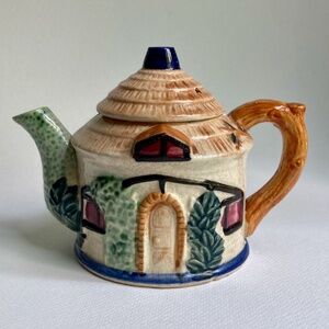 Japanese Colorful "Tiki Hut" Glazed Ceramic Tea Pot, 1950's